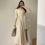 Party Sannian Spring French Temperament Lapel Cross Strap Waist Skinny Long-sleeved Pleated Dress Dresses Women