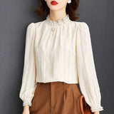 and Winter Women's Pullover Half High Neck Solid Button Bright Silk Spliced Petal Bubble Long Sleeve T-shirt Chiffon Tops-Outfit