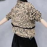 Women's Clothing Streetwear Leopard Stylish Letter Printed Patchwork Thick Warm Turtleneck Pullovers Autumn Winter Loose Tops-Outfit