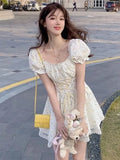 Floral Dress Women Elegant Print Party Mini Dress Female Holiday Lace Designer Chic Puff Sleeve Fashion Dress Summer