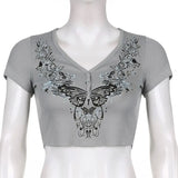 Y2K Summer Tops Floral Print Cute Woman Tshirts Aesthetic Vintage Button Up Ribbed Crop Short Sleeve V Neck Grunge