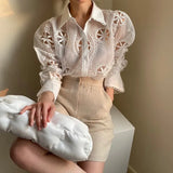 Plus Size Lace White Blouse Women Hollow Out Floral Embroidery High Quality Shirt Sexy See Through Long Sleeve Top