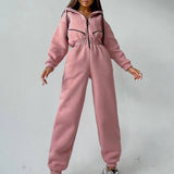Women Basic Hoodie Jumpsuit Zipper Drawstring Overall High Waist Elasticity Streetwear Tracksuit Rompers Casual One Piece