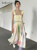 Tie Dye Colorblock Sling Dress For Women Square Collar Sleeveless Loose Midi Dresses Female Summer Clothing
