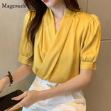 Fashion V-neck Blouse Women 2021 Short Sleeve Tops Office Lady Blouse Female New Chiffon Blouses Clothes Blusas