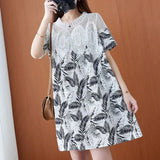 Women's Elegant Office Lady Commuter Dress Round Neck Printed Lace Mesh Stitching Loose Slim Short Sleeve A-line