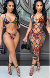 Party Sexy Multi Color Print 3 Piece Lace-Up Dress