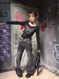 Tshirts Women 2023 Ropa Mujer V-neck Print Long Sleeve Tees Streetwear Vintage Y2k T Shirt Casual Fashion Korean Crop Tops-Outfit