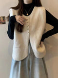 New Solid Color Single-Breasted Buckle Folded Through Leisure College Women's Vest Round Collar Knitting Korean Version Of The Small Fragrant Wind Vest-Outfit