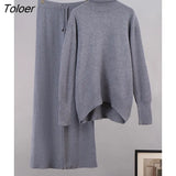 Turtleneck Sweater 2 Piece Set Winter Knitted Long Sleeve Casual Office Stretch Outfit Women Drawstring Wide Pant Suit
