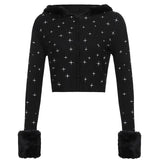 Elegant Autumn Sweater Cardigan Women Long Sleeve Star Embroidery Fur Collar Knitted Cropped Hoodies Harajuku 2021