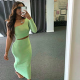 2 Piece Set Skirt and One Shoulder Long Sleeve Crop Top Fall Clothes for Women 2020 Fashion Sexy Club Outfits