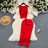 Kong Style Retro Hottie Suit Women's Summer Short Vest Top With High Waist Half Skirt Knit Two