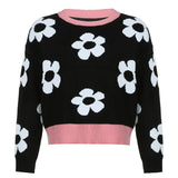 Casual Harajuku Black Knitted Sweaters Womens Korean Fashion Long Sleeve Jumpers Floral Print Pullovers Top