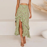 Bohemian Black Ruffle Hem Wrap Floral Print Skirts Women Summer Elastic High Waist Ladies Irregular Long Skirt
