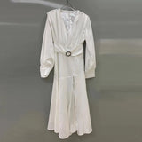 Spring Dress For Women V Neck Lantern Sleeve High Waist Solid Minimalist Midi Dresses Female Fashion Clothing