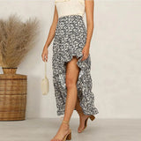 Bohemian Black Ruffle Hem Wrap Floral Print Skirts Women Summer Elastic High Waist Ladies Irregular Long Skirt