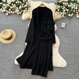 Simple Style Solid Knitted Light Sister Suit Girl Winter Body-Clamping T-Shirt Dress With Long Open Shirt