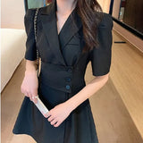 Solid Belt Dress Women Spring Autumn Notched Long Sleeve Office Ladies Blazer Dress Female Long A-Line Black Dress-Outfit