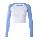 Color Contrast Patchwork Basic Crop Top Shirt Autumn Long Sleeve Rib Knitted Women Tshirts Casual Outfit Tops