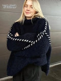 Sweater Autumn Round Neck Pullovers Sweater Warm Knitted Chic Contrast Color Splicing Thread Sweater Jumpers Tops-Outfit