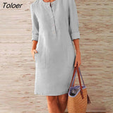 Women Casual Vestidos Women Dress Solid Color Pockets Summer Round Neck Long Sleeve Buttons Dress Beach