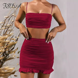 Summer 2020 Women Set Spaghetti Strap Crop Top White Sexy And Mini Bodycon Skirt Ruffles Party Outfit Club Two Piece