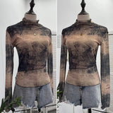 Real Shooting Denim Pattern Dye Printing Retro Babes Thin Mesh T-Shirt High-Necked Long Sleeve Bottom Shirt Top