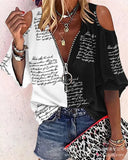 Loose Zipper Print Shirt Blouse Women Spring Summer Fashion V-neck Lantern Sleeve Shirts For Women Sexy Off Shoulder Top-Outfit