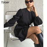 Sexy Black A-Line Short Dresses Women 2022 Backless Puff Sleeve Elegant Dress Solid Autumn Lace Up Casual O Neck Dress