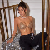 Toloer Women's Nightclub Low Chest Exposed Back Chain Sling Deep V Crop Tassel Vest
