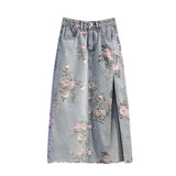 Fashion Denim Long Skirts For Womens Summer Blue High Waist Raw Edge Slit Vintage Washed Printing Korean Style Casual