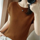 Silk Knitted Women Loose 2025 Summer New Gray Top Collar Thin Short-Sleeved T-Shirt