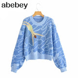 Top Blue Loose Korean Casual Ocean Diving Print O Neck Sweater For Women 2022 Winter Chic Oversized Pullover