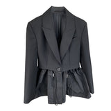 Minimalist Solid Fold Pleated Female Blazer Notched Long Sleeve Loose Waist Patchwork Women's Coat 2021 Autumn