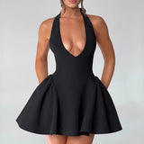 Spring And Summer New Sexy Deep V Hanging Neck Dress Solid Color Sleeveless Waist Thin Dress