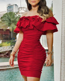 Women Black Off Shoulder Ruched Layered Ruffles Bodycon