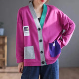 V-Neck Cardigan Stylish Streetwear Single-breasted Casual Solid Color Patchwork Contrasting Colors Autumn Winter Sweaters-Outfit