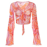 2021 Mesh Tie Dye Print Long Sleeve Crop Top Women Bandage Summer Transparent Beach Y2K Orange See Through Sexy T