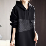 Solid Color Straight Dresses Female Clothing Casual Hooded Spring Autumn Basic Stylish Patchwork Drawstring Midi Dress-Outfit