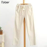 Cotton Linen Women Casual Pants 2018 Fashion Loose Long Pants Elastic Waist Straight Striped Trousers