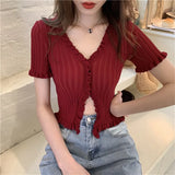 Style Summer Casual Short Sleeve Ruffles Cardigan Women Open Buttons V neck Cropped Sweater Sueters De