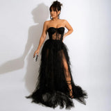 Elegant Sexy Evening Dresses 2022 Party Black Red See Through Lace Mesh Corset Maxi Dress Luxury Evening Gown