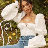 french retro Versailles court wind bubble sleeve long sleeve T - shirt shirt Square collar clavicle