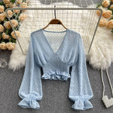 Autumn Fashion Korean Women Blouse Long Sleeve V Neck Elastic Ruched Slim Tops Elegant Streetwear Short