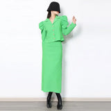 TWOTWINSTYLE Loose Two Piece Set Womens Notched Collar Puff Sleeve Tops High Waist Loose Midi Skirts Female Solid Sets