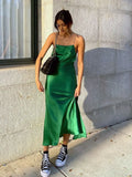 2022 Backless Y2K Green Midi Satin Sexy Dress Woman Summer Sleeveless Elegant Club Bodycon Dresses For Women