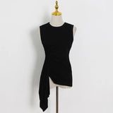 Shirred T Shirt Women Clothing Vest Off Shoulder White Asymmetrical Hem Knitted Plain Top Female 2021 Summer