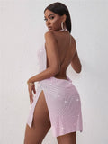 Sexy Pink Sparkling Sequins Halterneck Sleeveless