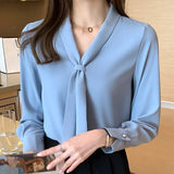 Sleeve Chiffon Blouse Shirt Blouse Women Blusas Mujer De Moda 2021 Bow V-Neck Office Lady Blouse Tops Women Blouses